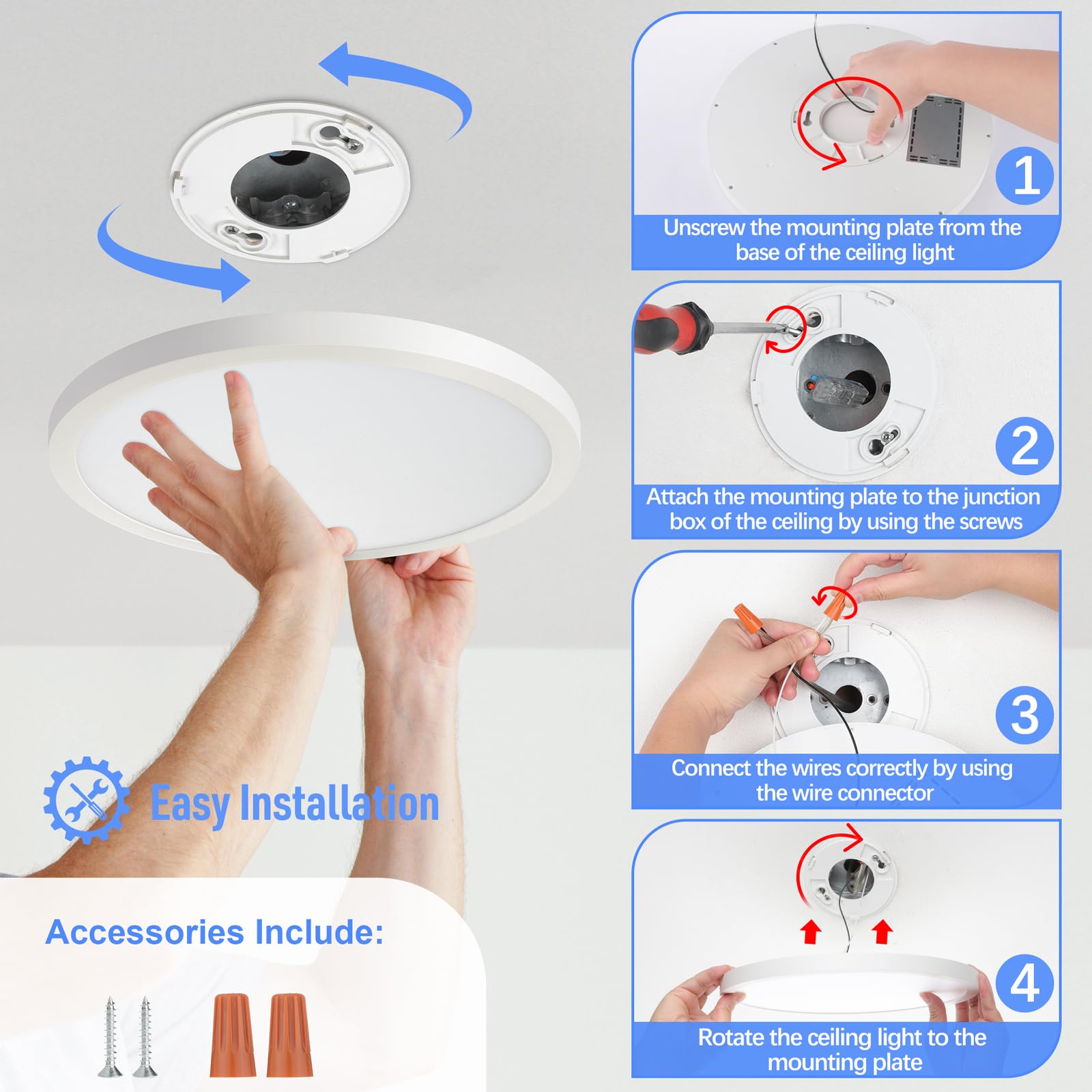 SunRider LED Flush Mount Ceiling Light Fixture, 5000K Daylight White, 2400LM, 12 Inch 24W White Round Flat Bedroom Lights, 240W Equiv. Non-Dimmable