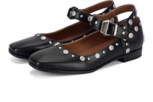 DOEYG Mary Janes Flats Shoes for Women Square Toe Studded Mary Jane Shoes Buckle Ballet Flats with Straps Dressy Chunky Low Heel Comfy Studs Ballerina Shoes