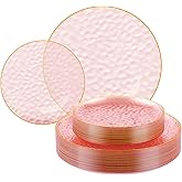 FOCUSLINE 60Pcs Clear Plastic Plates, Pink Disposable Plates with Gold Rim, 30 7" Salad Dessert Plate and 30 10" Dinner Plate Heavy-duty Hammered Plates for Party, Wedding