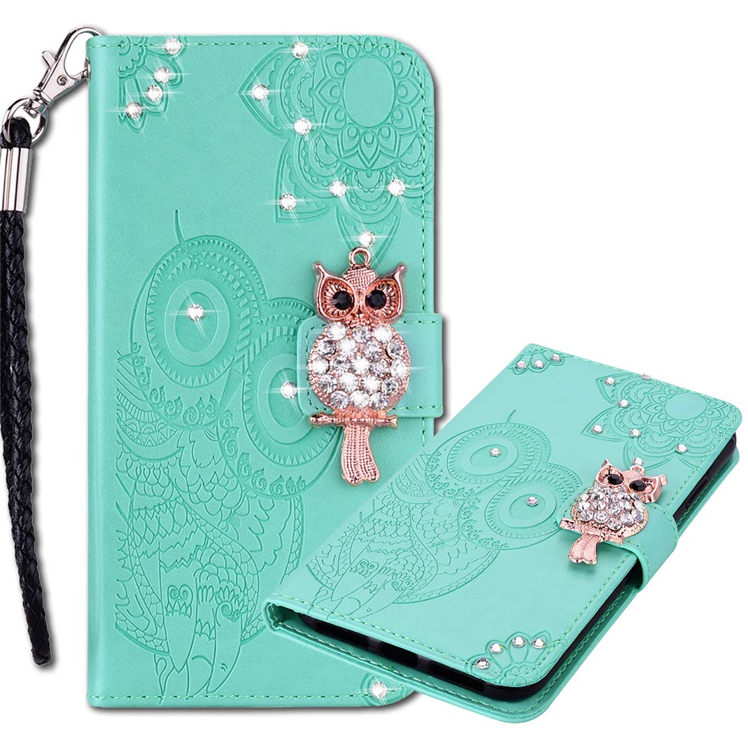 MRSTER iPhone 12 Pro Max Case, Leather Case Cover with Strap Shiny Flip Wallet Cover Owl Pattern Glitter Bling Diamond Case for Apple iPhone 12 Pro Max (6.7 inch) Owl Green