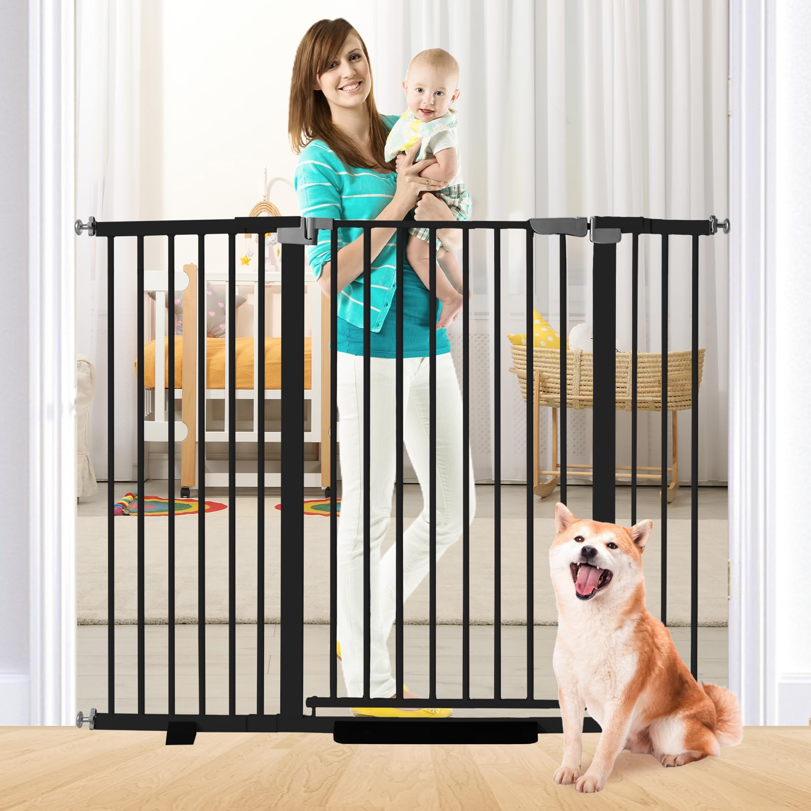 Photo 1 of **FACTORY SEALED** 41 Inch Tall Baby Gate Auto Close Dog Gate Adjustable 29.92"-57.48" Wide Pressure Mounted Walk Through Swing Pet Gate for Doorways (Black, 29.92"-57.48" Wide)