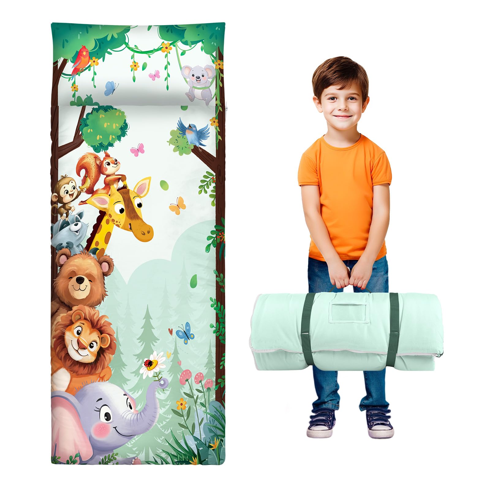 Kids Sleeping Bag with Pillow,Nap Mat for Toddlers Boys Girls, Warm Toddler Slumber Bag 150x60cm, Roll Up Kids Sleeping Mat with Double Zip for Bedroom Daycare Kindergarten, Animal — image 1