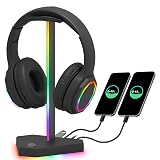 RGB Headphones Stand with 1 USB-C Data Transmission& 3 Type-C Charging Port, Desk Gaming Headset Holder with 7 Light Modes and Non-Slip Rubber Base (Black)
