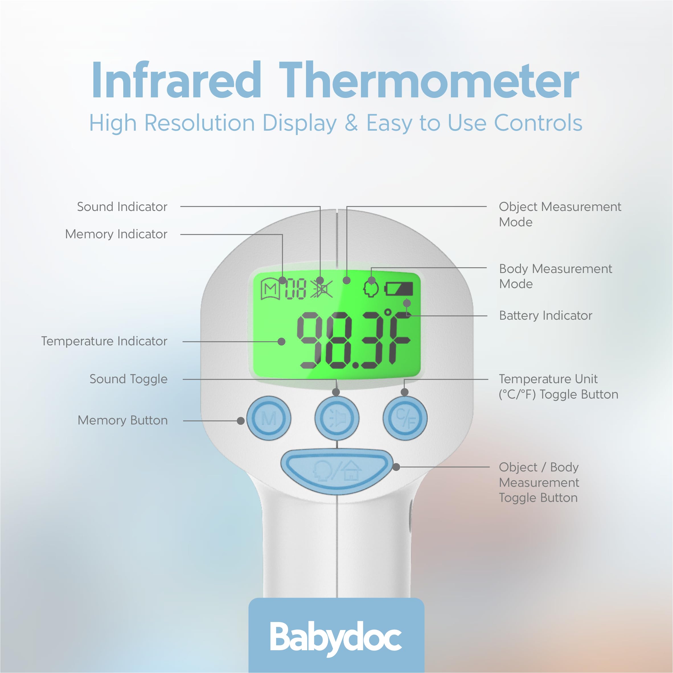Babydoc Medical Grade FSA-HSA Eligible Baby Thermometer for Kids, AccuTemp German Sensor, 3-in-1 Safe Non-Contact Infrared Forehead Thermometer, Object Mode for Milk or Bathwater, Infants, Children