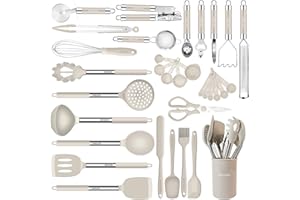 BESTZMWK Kitchen Utensils Set-Silicone Cooking Utensils-33pcs Non-Stick Silicone Cooking Kitchen Utensils Spatula Set with Holder-Best Kitchen Cookware with Stainless Steel Handle (Khaki)
