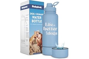 RUBYLOO Dog Water Bottle for Dog Lovers - 32 oz Stainless Steel Double Wall Insulated Water Bottle with 8 oz Attached Dog Bowl - Ideal Dog Lover Gifts for Women - “Life is Better with Dogs” - Dusty Blue