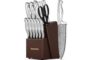 ASTERCOOK Knife Set, 15 Pieces Kitchen Knife Block Set with Built in Knife Sharpener Block, Dishwasher Safe, German Stainless Steel, Best Gift, Silver