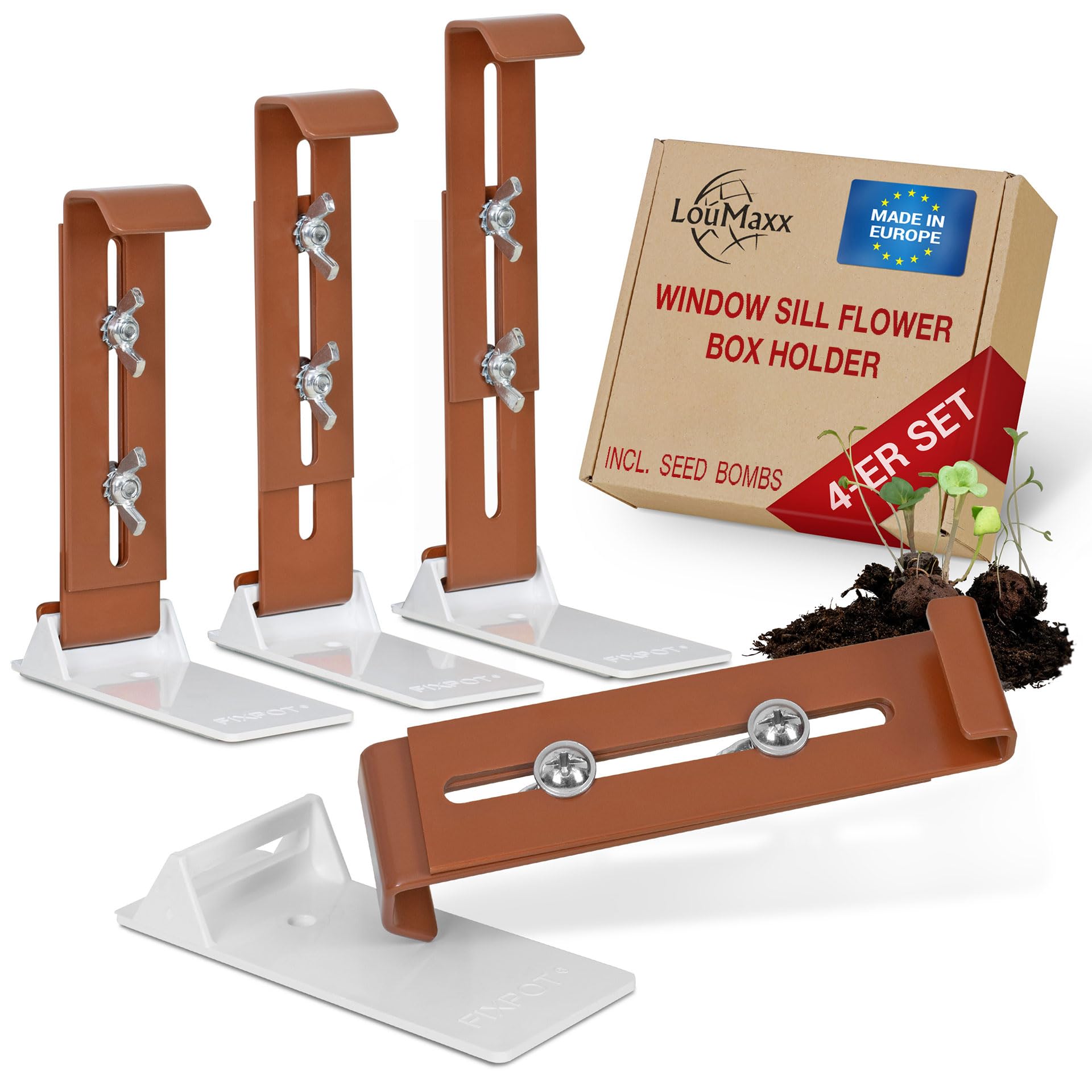 LouMaxx Window Box Holder without Drilling – Set of 4 Invisible Window Sill Flower Box Holder in Terracotta – Stable, Height Adjustable – Includes Adapters and Seed Bombs
