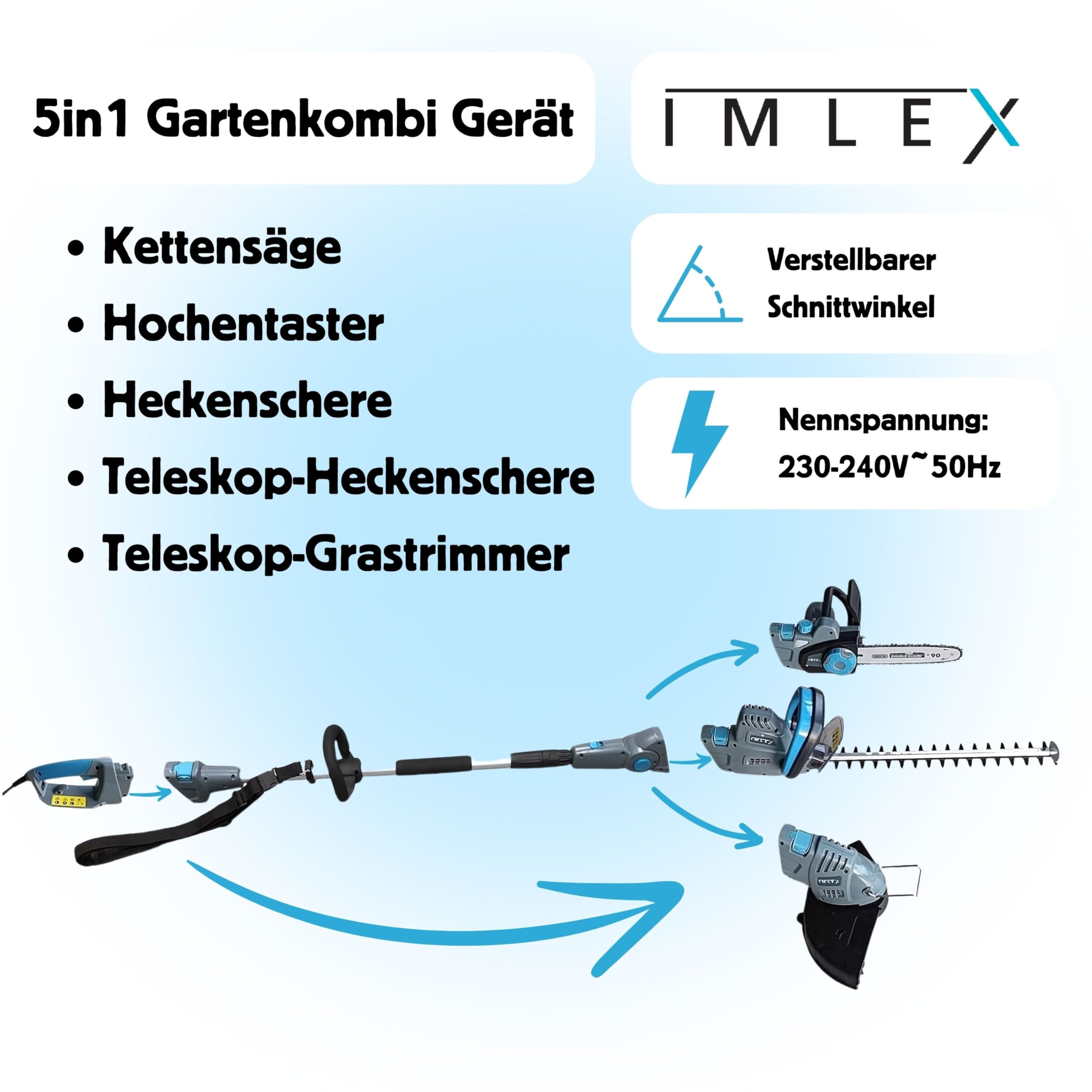 IMLEX Multi-Kombi-Garten-Set 5in1 Heckenschere Rasentrimmer Kettensäge mit Teleskopstab und Verstellbarer Schnittwinkel 2