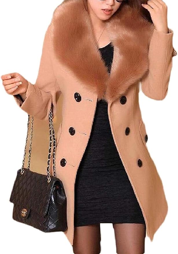 Women's Belted Autumn Winter Regular Fit Double Breasted Faux Fur Collar Trench Pea Coat 