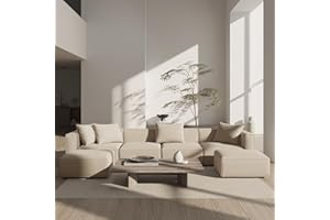 Acanva Luxury Modular Sectional Living Room Sofa Set, Modern Minimalist Style Couch with Ottoman and Chaise, U-Shape, Linen-Like Cream