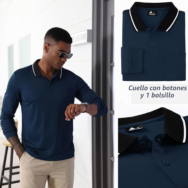 Polo para Hombre Polo Manga Larga Camiseta de Golf Trabajo Transpirable T Shirt con Bolsillo Primavera Otoño Camisetas de Senderismo Pesca,Azul Marino,M