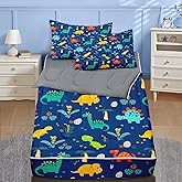 Nesker Full Zipper Bedding, Cartoon Dinosaur Zipper Bedding Sets for Boys, 3pcs All in on one, Bule Grey Kids Comforter Set with Fitted Sheet and 2 Pillowcases