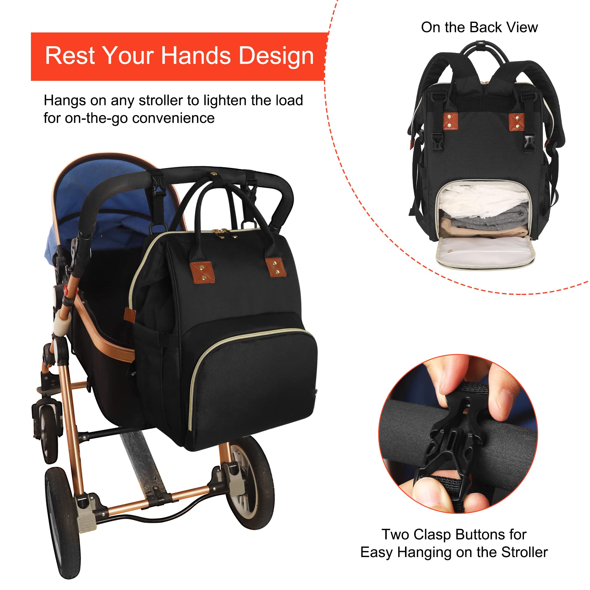 Diaper Bag Backpack Multi-Function Baby Bag With Large Capacity and Insulated Pockets Diaper Backpack Organizer Bag for Mom/Dad, Black
