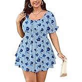 SCOMCHIC Women Plus Size Romper Dress Summer Short Jumpsuit Square Neck Puff Sleeve High Waist Ruffle Boho Jumpsuits