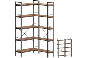 Huuger 5 Tier Bookshelf, L Shaped Corner Bookshelf with 10 Open Shelves, 49.4 Inch Straight Wide Bookcase with Metal Frame and Wooden Board, Adjustable Feet, Rustic Brown