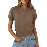 Women&rsquo;s Puff Short Sleeve Cardigan Summer Button Down Sweater Knit Tops | Soft Lightweight, Crew Neck Shirts, Cropped Cardigan Sweaters, Spring, Fall Casual, Button Up