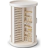 Vlando 360°Rotating Jewelry Box,Earring Organizer Large Vertical Jewelry Organizer with 6 Necklace Hooks, Open Ring Display Storage for Women - Cream White