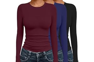 Ekouaer Lot de 3 chemises thermiques à manches longues et col rond pour femme - Coupe ajustée - T-shirt froncé sur le côté - 