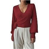 SHENHE Women's Casual V Neck Wrap Sweater Pullover Long Sleeve Slim Fit Knit Crop Top Sweater