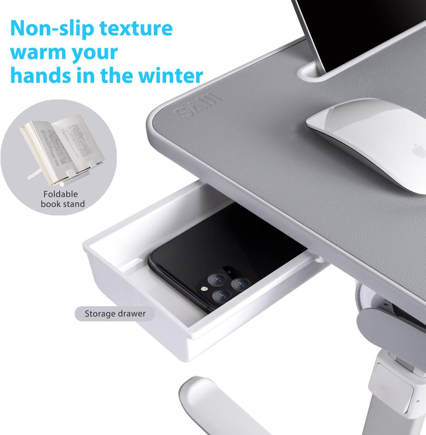 SAIJI Laptop Bed Tray Desk, Adjustable Laptop Stand for Bed, Foldable Laptop Table with Storage Drawer for Eating, Working, Writing, Gaming, Drawing (Gray, X-Large) : Office Products
