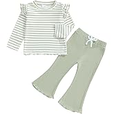 FOCUSNORM Toddler Baby Girl Outfits Ruffle Long Sleeve Striped Trim Tops + Flare Pants Set Toddler 2Pcs Fall Winter Clothes