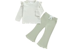 FOCUSNORM Toddler Baby Girl Outfits Ruffle Long Sleeve Striped Trim Tops + Flare Pants Set Toddler 2Pcs Fall Winter Clothes