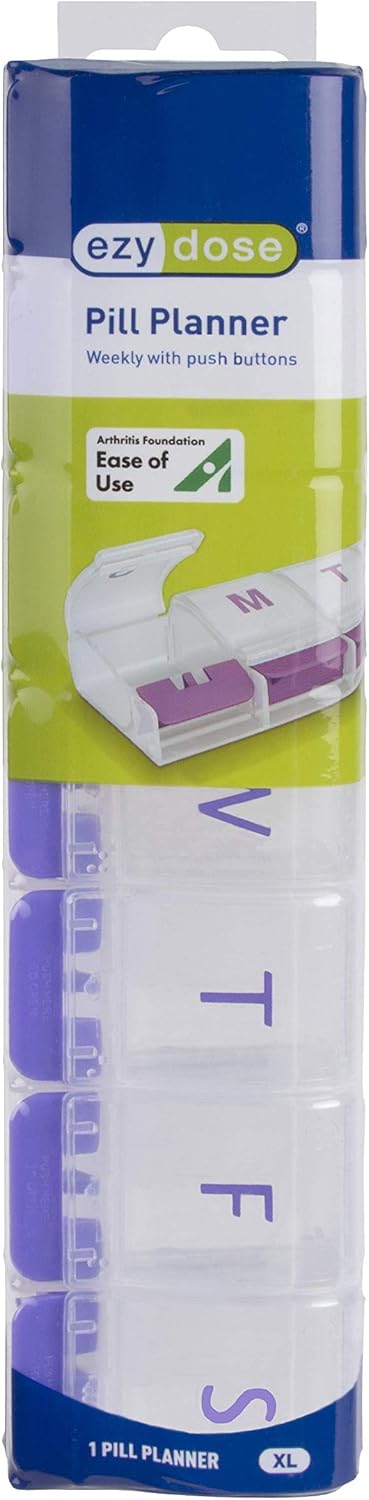 Ezy Dose Push Button (7-Day) Pill, Medicine, Vitamin Organizer Box | Weekly, Daily Planner | Large Compartments | Arthritis Friendly | Clear Lids: Health & Personal Care
