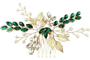 BETITETO Bridal Crystal Hair Comb Wedding Rhinestone Pearls Silver Leaf Hair Piece Accessories for Women Girls (Green Rhinest