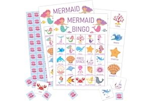 Qssfdgg Mermaid Bingo Cards, 24 Player Under The Sea Party Bingo Game for Family Adult, Ocean Mermaid Party Favor, Large Group Party Celebration Activity -08