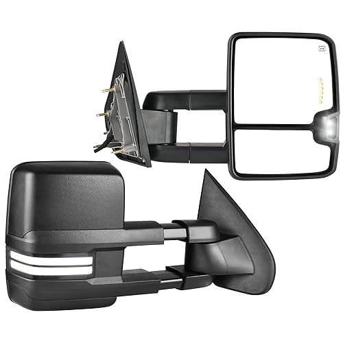 AUTOSAVER88 Towing Mirror Compatible with 2014-2018 Chevy Silverado GMC Sierra 1500 2500 HD 3500 HD, Power Heated Switchback LED Turn Signal Running Light (Black Inside) Manual Telescoping Folding