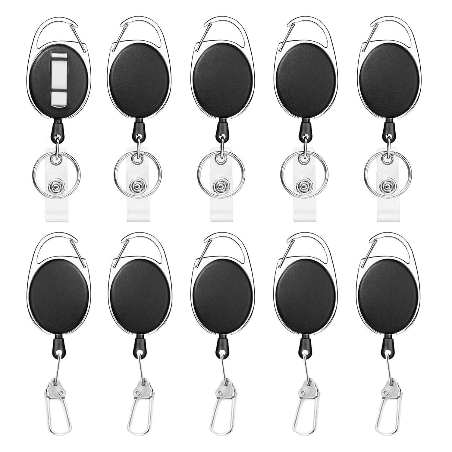 SYEYCW 10 Pcs Black Lanyard Extender, 2 Models Key Chain Badge Card Holders, Retractable Keychain with Keyring, Retractable Badge Reel Clips with Carabiner Belt Clip, for ID Card, Key Ring