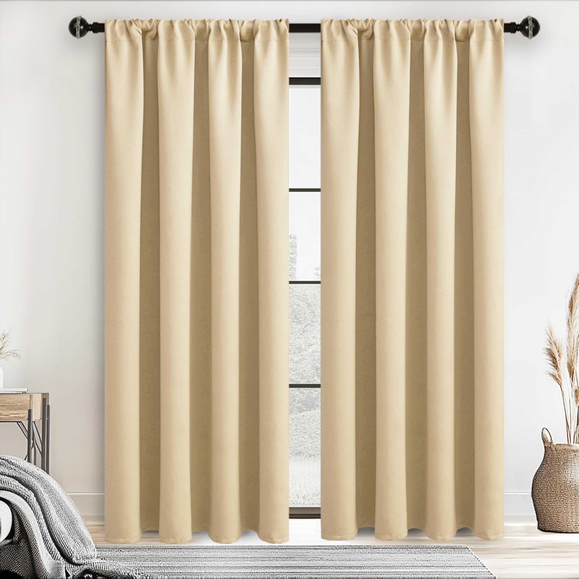 JIUZHEN Blackout Curtains for Bedroom– Thermal Insulated,Noise Reducing Room Darkening Privacy Drapes for Living Room, Set of 2 Panels with Tiebacks, 52 x 84 inch Long, Light Beige Image
