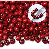 300pcs 12mm Red Wood Macrame Beads for Handmade Crafts, Large Hole Wooden Loose Spacer Beads for Macrame Projects Holiday Party Decor, 5mm Hole