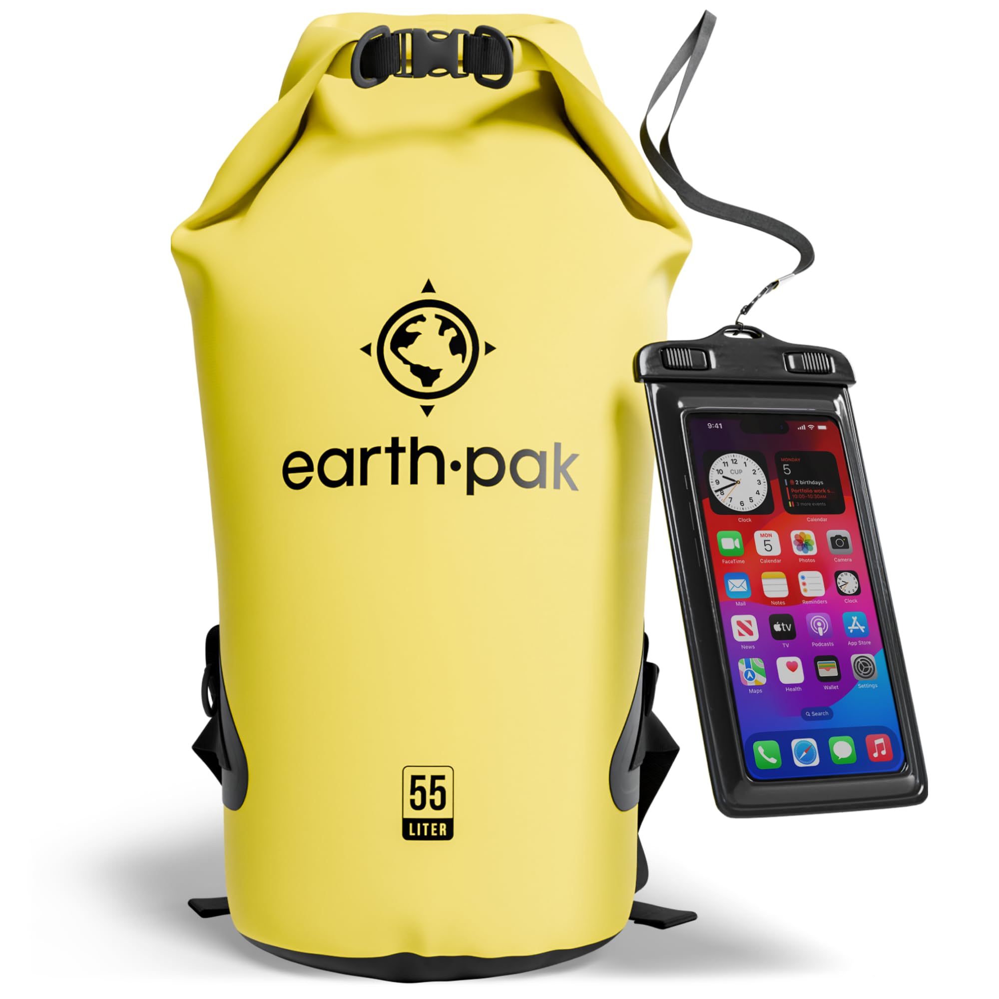 Earth Pak -Waterproof Dry Bag - Roll Top Dry Sack Keeps Gear Dry for Boating, Hiking, Camping and Fishing with Waterproof Phone Case (Yellow, 30L)