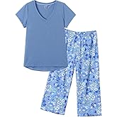 HONG HUI Women's Capri Pajama Sets Plus Size Sleepwear Top with Capri Pants 2 Piece Sleep Set