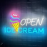Ice Cream Sign 22.4x11'' Ice Cream Open Shop Neon Signs USB Powered Bar Sign Light Open for Snacks Business Store Cafe Drink Shop Decor Adjust Brightness
