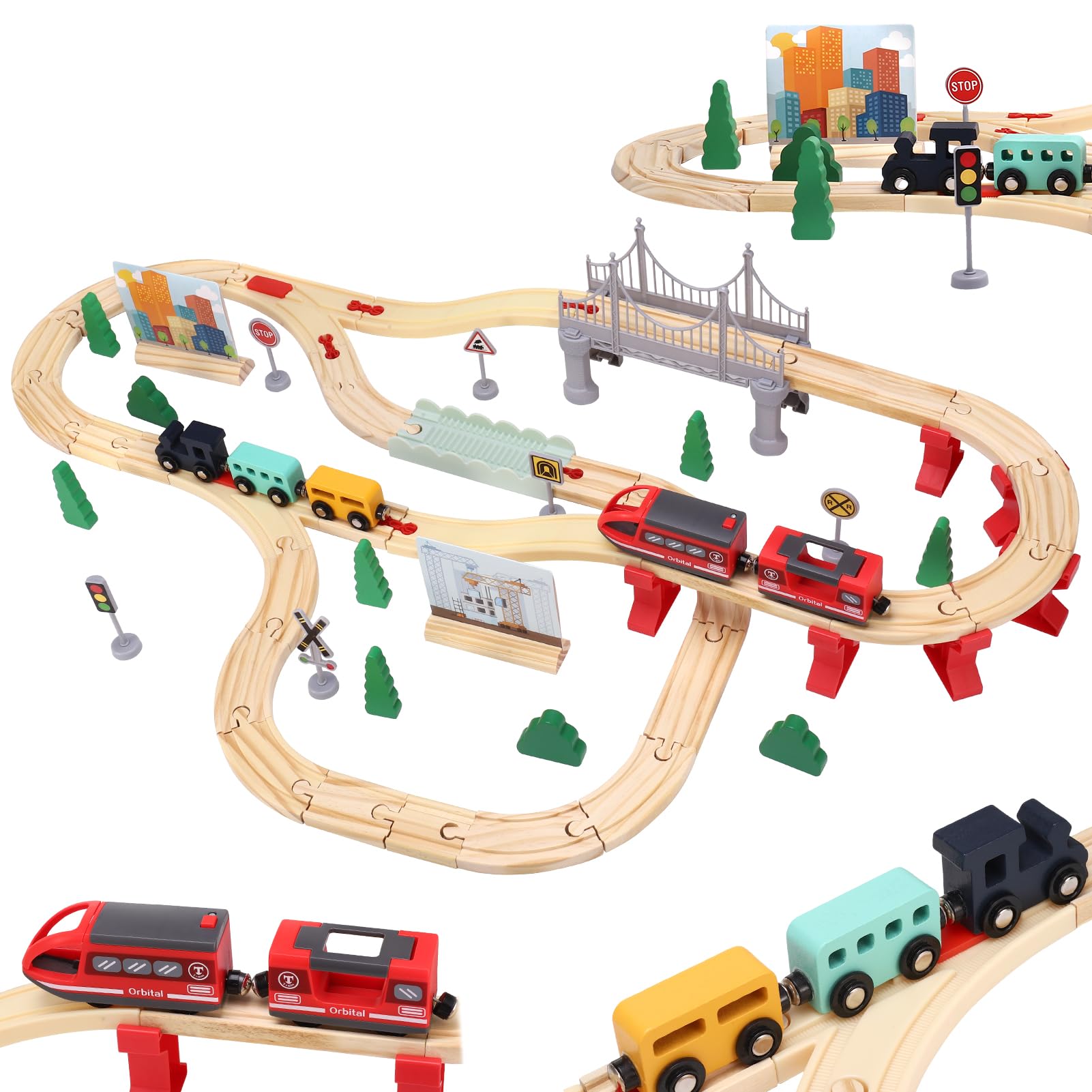 Wooden Train Set 72PCS, Electric Train Sets with Wooden Train Track, Magnetic Train, Bridge Track Railway Kits for Kids Boys Ages 3+ Years Old, Birthday Christmas New Year Gifts for Kids Boys Girls