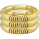 FUNOJOY 3PCS Gold Chunky Bangles Bracelets for Women Gold Plated Stackable Adjustable Bracelet Stretch Curved Bamboo Tube Bracelets for Women as Jewelry Gift