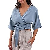 Amazhiyu Womens Summer Short Sleeve Crop Tops Cotton V Neck Self Tie Wrap Blouse