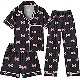 Hupohoi Girls Pajamas Short Sleeve Long Pants and Shorts 3 Piece Sleepwear Button Down Outfit with Pockets Loung Sets