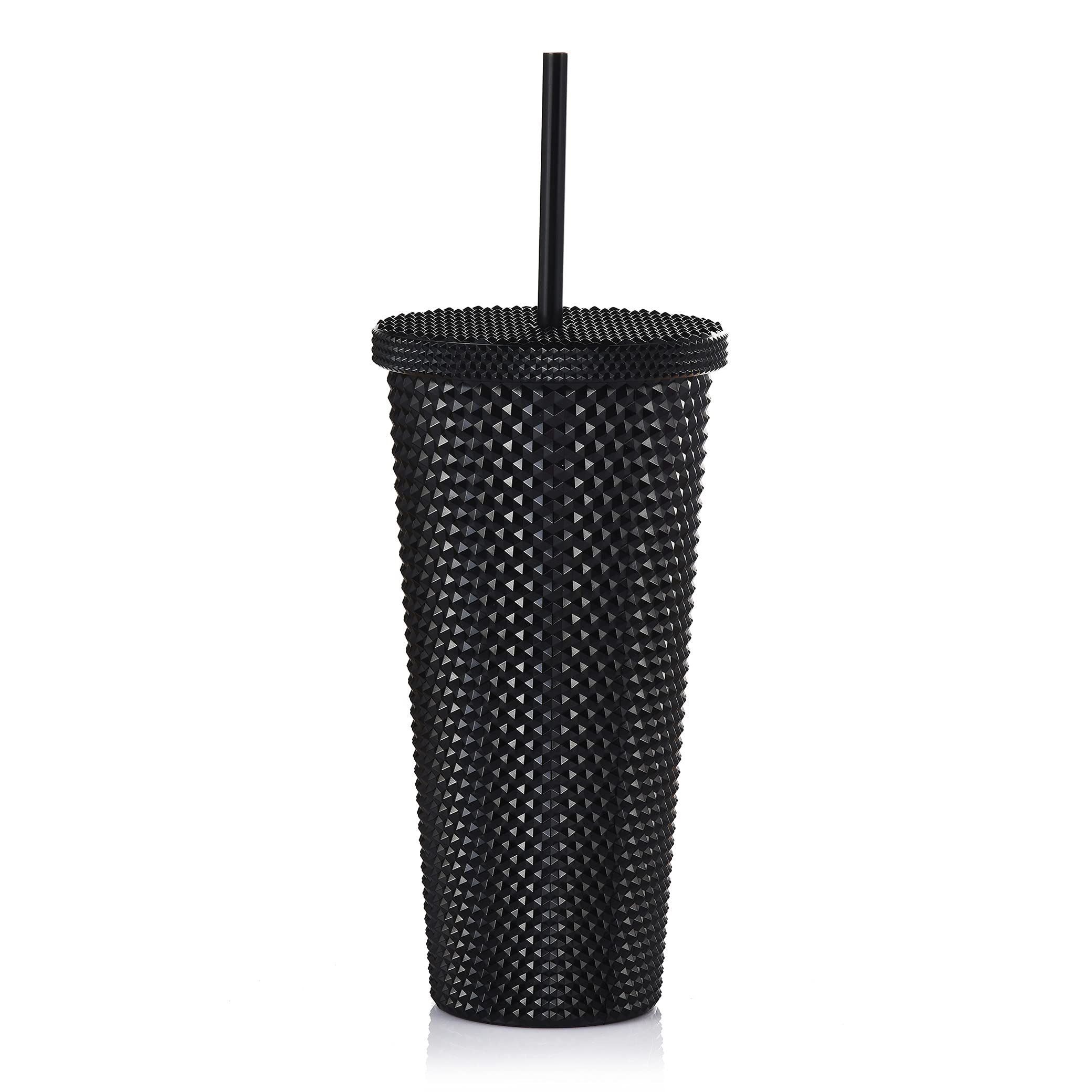 ALINK Studded Tumbler with Lid and Straw, Reusable Cup with Straws Lids, Plastic Water Bottle, Iced Coffee Travel Mug Cup - Black