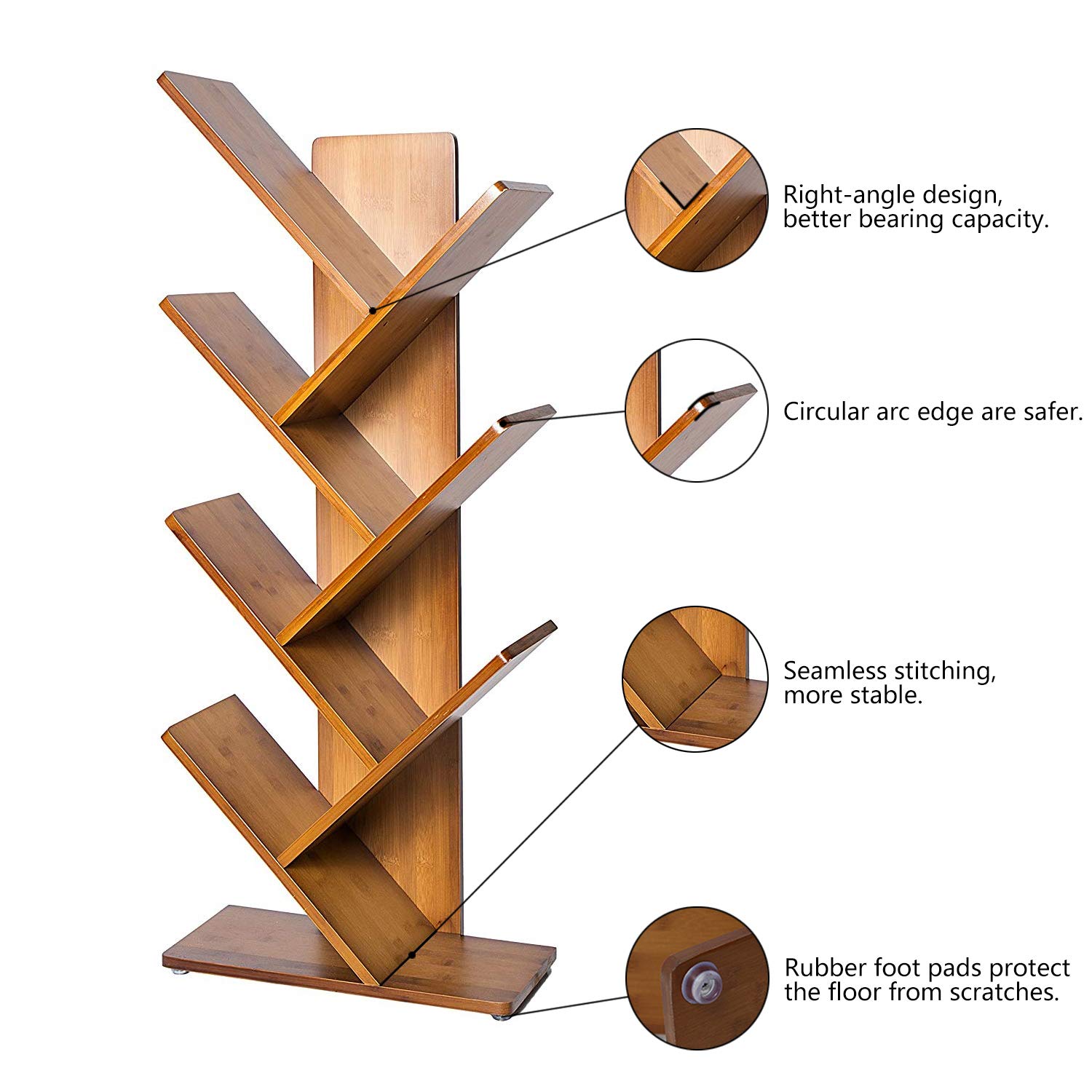 C&AHOME Tree Bookshelf, Bamboo Wood Bookcase, 7Tier Book Rack, Storage