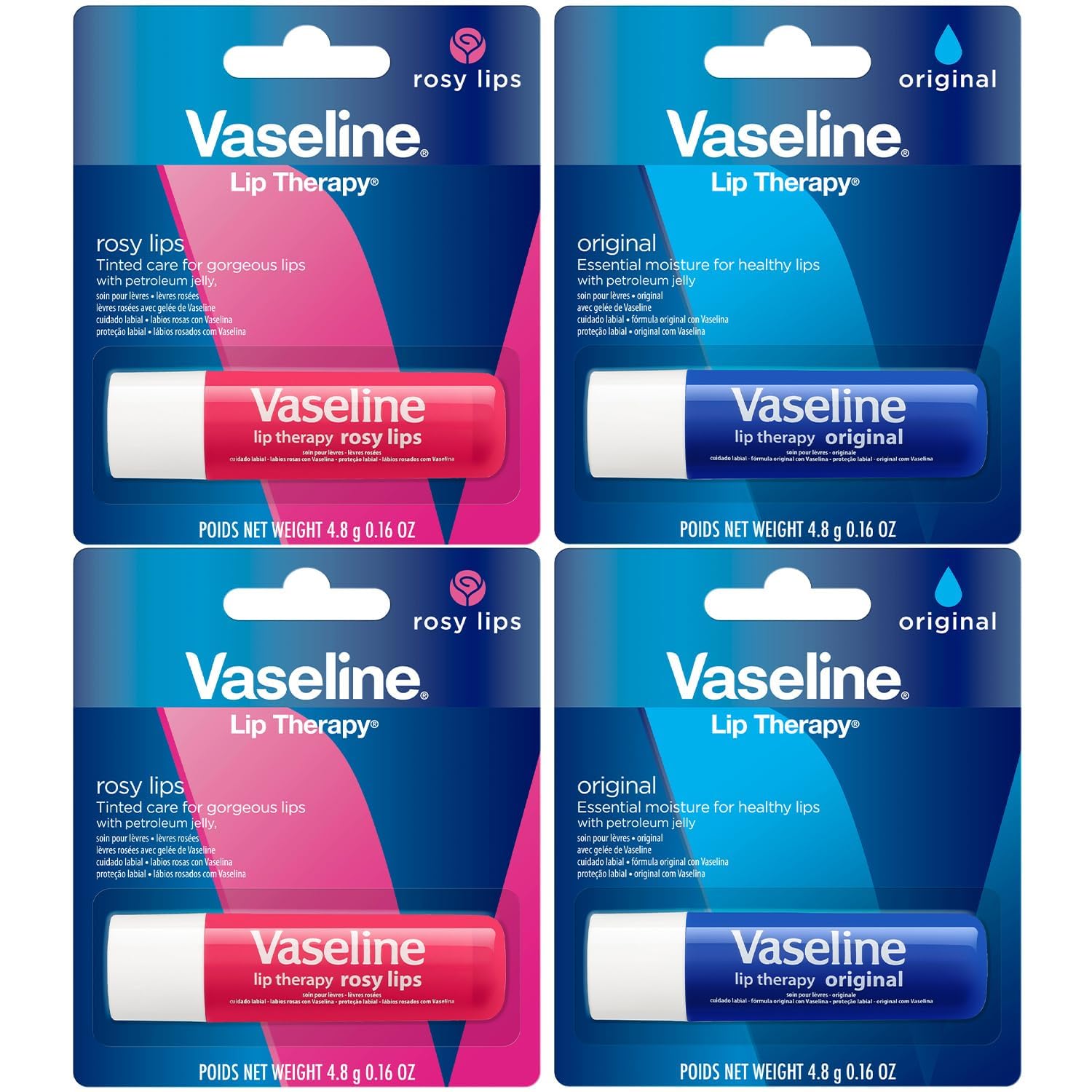 Vaseline Lip Therapy Variety 4-Pack – Original + Rosy Lips Moisturizing Lip Balm with Vitamin E, 0.16 Oz Ea