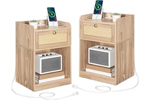 CHOEZON Rattan Nightstands Set of 2 with Charging Station, Boho End Table, Rattan Bedside Table with Drawer, Storage Side Tab