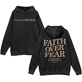 Weetiotio Christian Faith Over Fear Hoodies for Men Jesus Religious Graphic Sweatshirt Bible Verse Acid Wash Pullover Hoodie