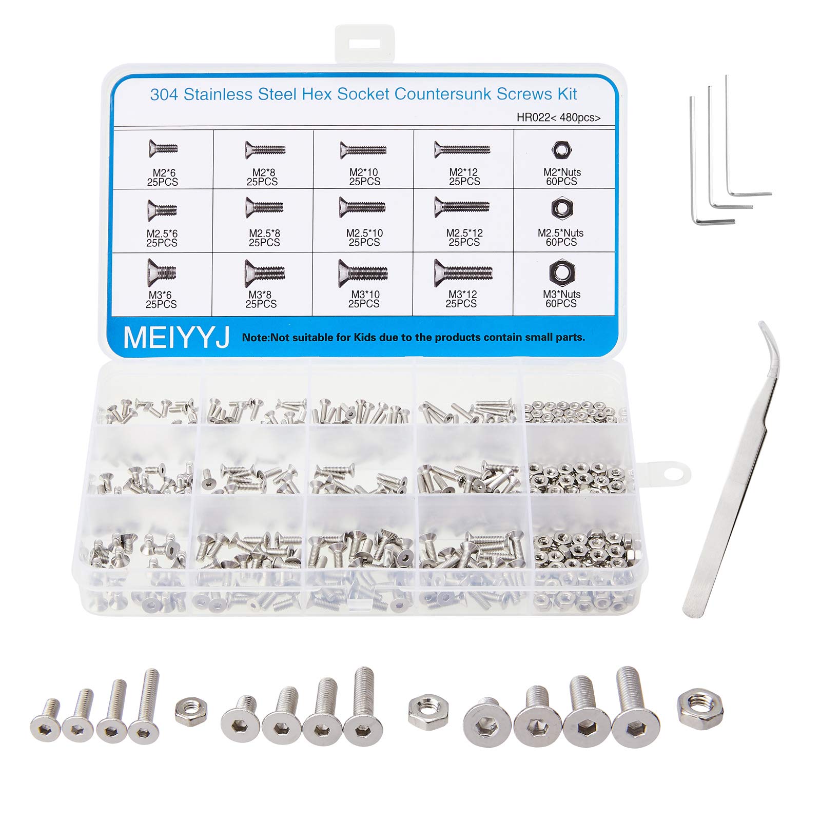 MEIYYJ M2 M2.5 M3 Hex Socket Flat Head Screw 304 Stainless Steel Hexagonal Countersunk Screws,Pack of 480