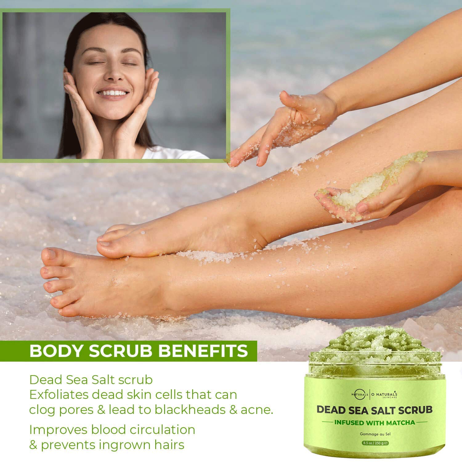 O Naturals Anti-Cellulite Exfoliating Organic Caffeine Matcha Dead Sea Salt Scrub For Face Body & Foot Best Acne Eczema Stretch Marks Wrinkles Varicose Veins Boosts Circulation For Women & Men 8.45oz : Beauty