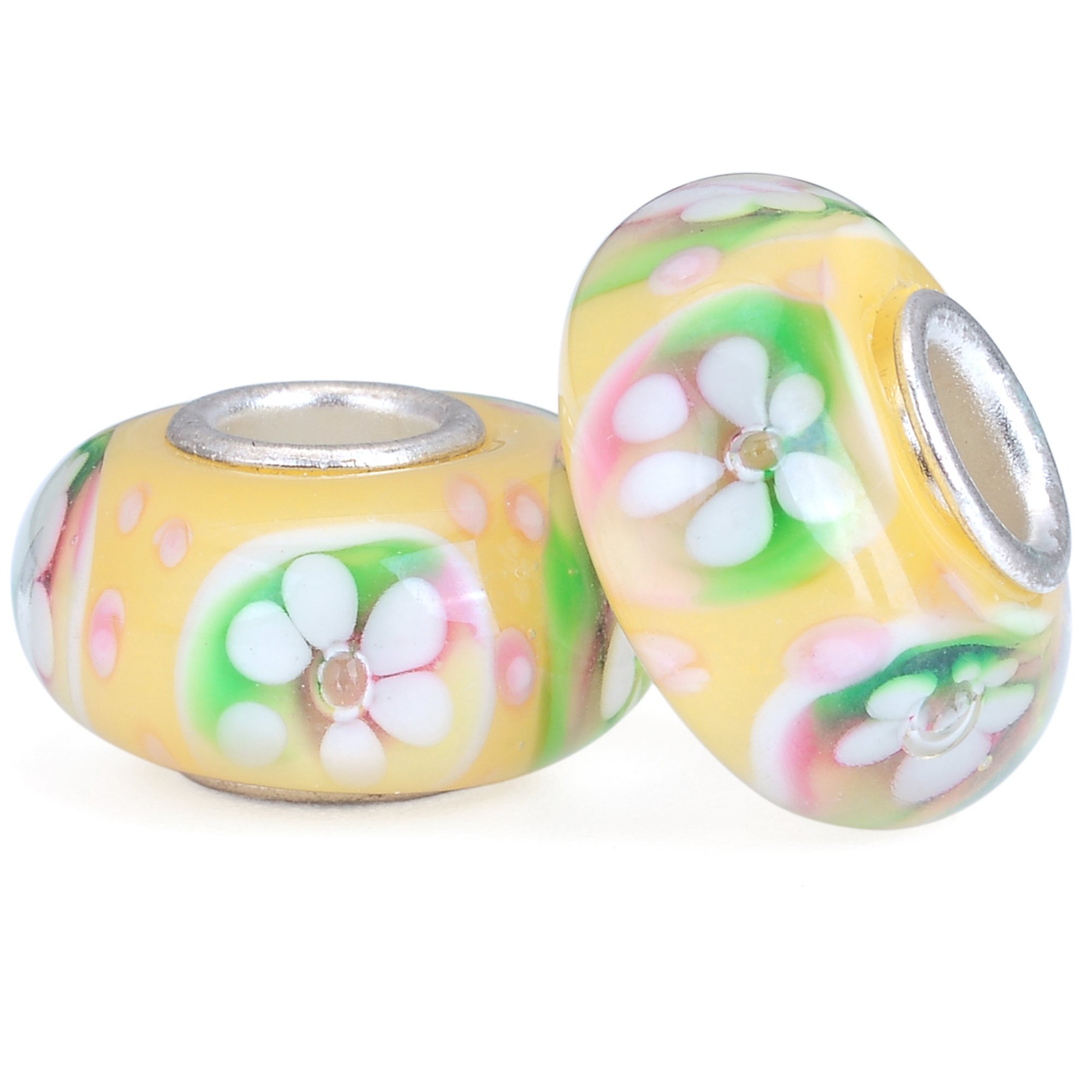 RUBYCA Yellow Flower Murano Glass European Charm Beads Silver Colour Core for DIY Jewellery Making 6pcs