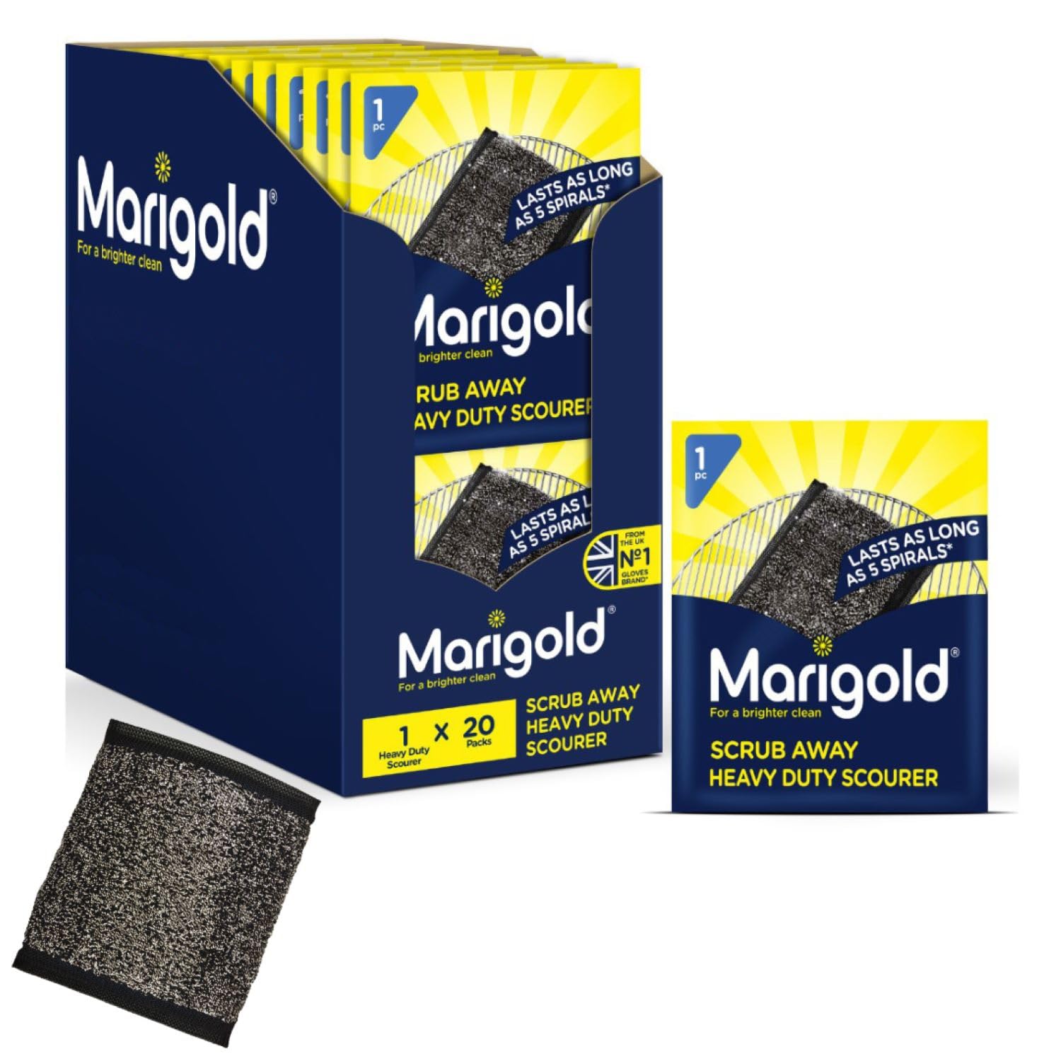 Marigold Scrub Away Stainless Steel Scourers - 20 Single Packs of Scouring Pads - Heavy Duty Non Scratch Metal Scourer - Easy to Clean - Tackles Tough and Burnt on Food